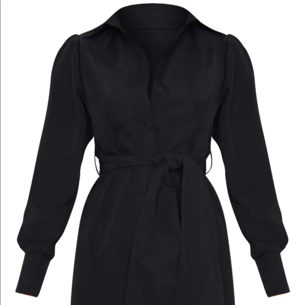 PrettyLittleThing Black Puff Shoulder Long Sleeve Belt Detail Shirt Dress